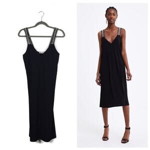 Zara Black Midi Dress Small Ribbed Knit Jersey Crochet Strap Vacation